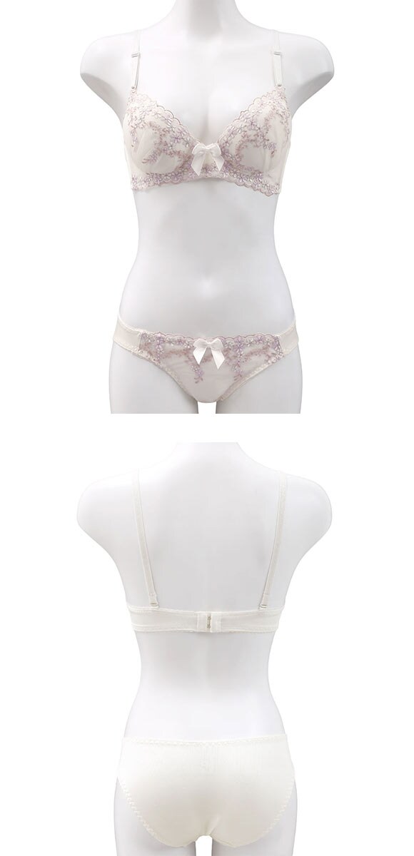 ピュアシェリ 4色小花チュールレース ノンワイヤー ブラセット M L LL ブラジャー ショーツ セット ワイヤレス PURECHERIE