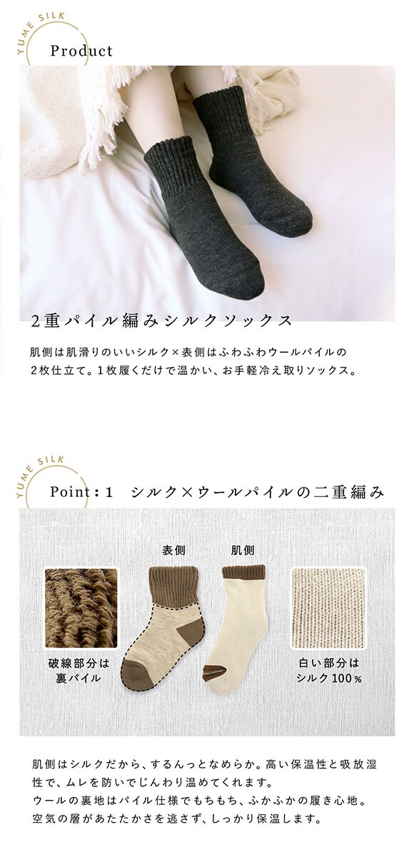 Yume Silk 夢シルク じ～んわり温める、二重パイル編みソックス 肌側シルク 靴下 レディース okamoto×SHIROHATOコラボ 23-25cm