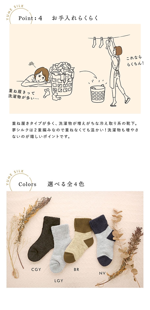 Yume Silk 夢シルク じ～んわり温める、二重パイル編みソックス 肌側シルク 靴下 レディース okamoto×SHIROHATOコラボ 23-25cm