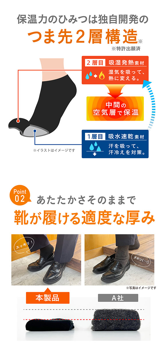 ココピタプラス あったか実感 レギュラー丈 クルー丈 靴下 ソックス 吸湿発熱 保温 あったか メンズ