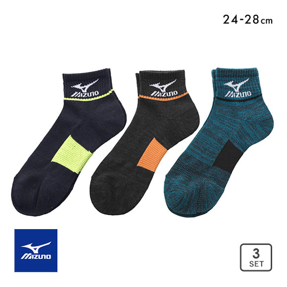 ミズノ MIZUNO for RUN WALK ソックス 靴下 ショート丈 3足組 パイル サポート 刺繍 24-26cm 26-28cm メンズ