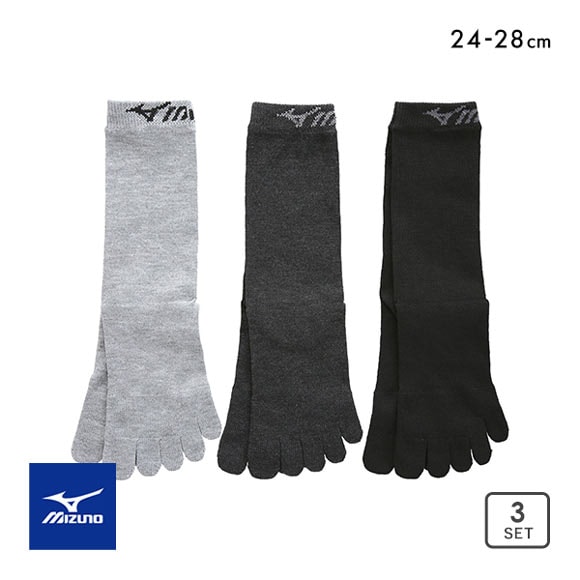 ミズノ MIZUNO ソックス 靴下 クルー丈 5本指 3足組 つま先かかと高耐久 メンズ 24-26cm 26-28cm