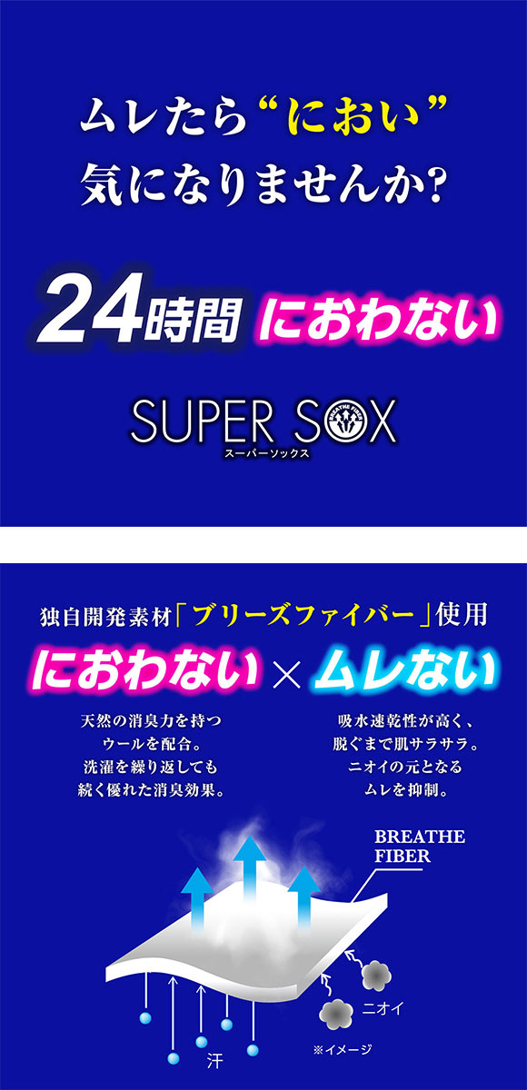 スーパーソックス SUPER SOX 24時間におわない ソックス 靴下 五本指 クルー丈 3足組 ムレない におわない メンズ 24-26cm 26-28cm