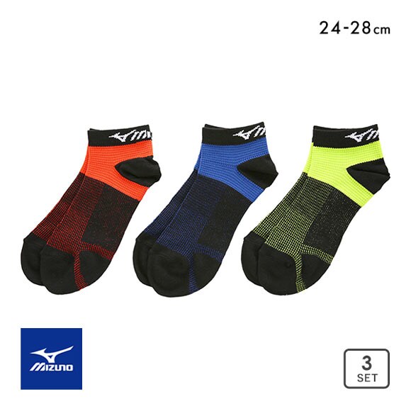 ミズノ MIZUNO RUN＆WALK ソックス 靴下 スニーカー丈 3足組 甲メッシュ サポート スポーツ 24-26cm 26-28cm メンズ