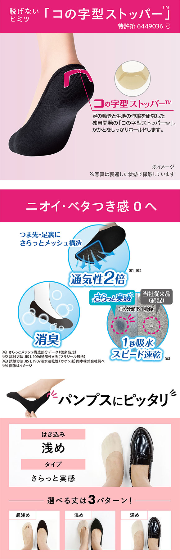 脱げないココピタ さらっと実感 浅め 浅履き フットカバー 消臭 メッシュ 吸水速乾 パンプス用 ソックス 靴下 21-23cm 23-25cm