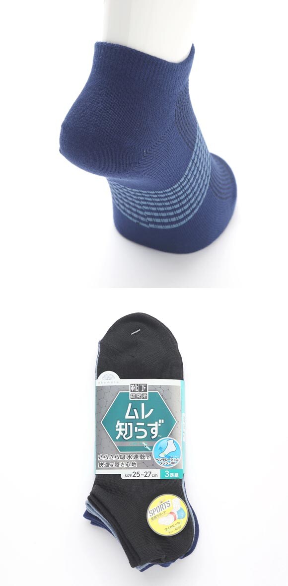 靴下研究所 ムレ知らず ソックス 3足組 スニーカー丈 甲メッシュ 速乾 サポート メンズ 靴下 ボーダー 25-27cm オカモト okamoto