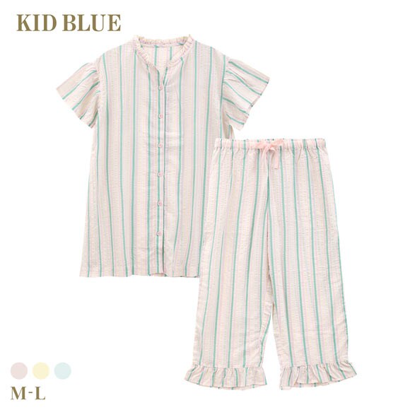 キッドブルー 26CRサッカーストライプ 半袖 8分丈 上下セット パジャマ ルームウェア ナイティ レディース KID BLUE