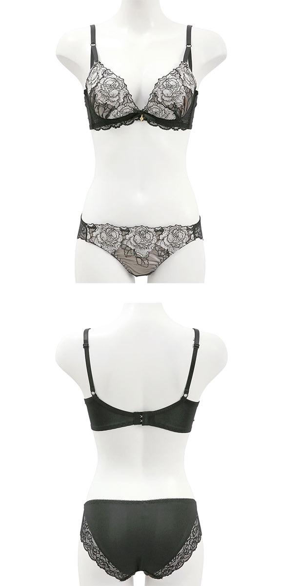 サンエイ 脇高 グロッシーローズ刺繍 ブラセット ABCD 脇肉 はみ肉すっきり 脇寄せ ブラジャー ショーツ セット 美胸 谷間 丸胸 SANEI 大きいサイズ