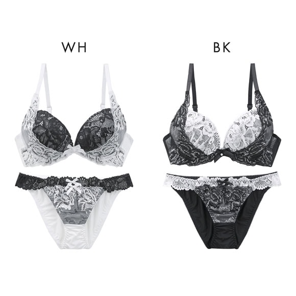 サンエイ 脇高 モノクロフラワーブーケ ブラセット ABCD 盛り 脇肉 はみ肉すっきり 脇寄せ ブラジャー ショーツ セット 美胸 SANEI
