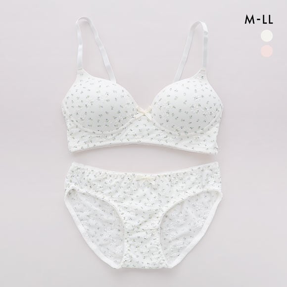 サンエイ リラックス＆ナチュラル ぽこぽこリブ小花 ノンワイヤーブラセット M L LL ブラレット ブラジャー ショーツ セット SANEI