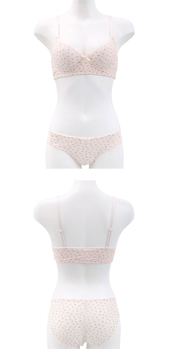 サンエイ リラックス＆ナチュラル ぽこぽこリブ小花 ノンワイヤーブラセット M L LL ブラレット ブラジャー ショーツ セット SANEI