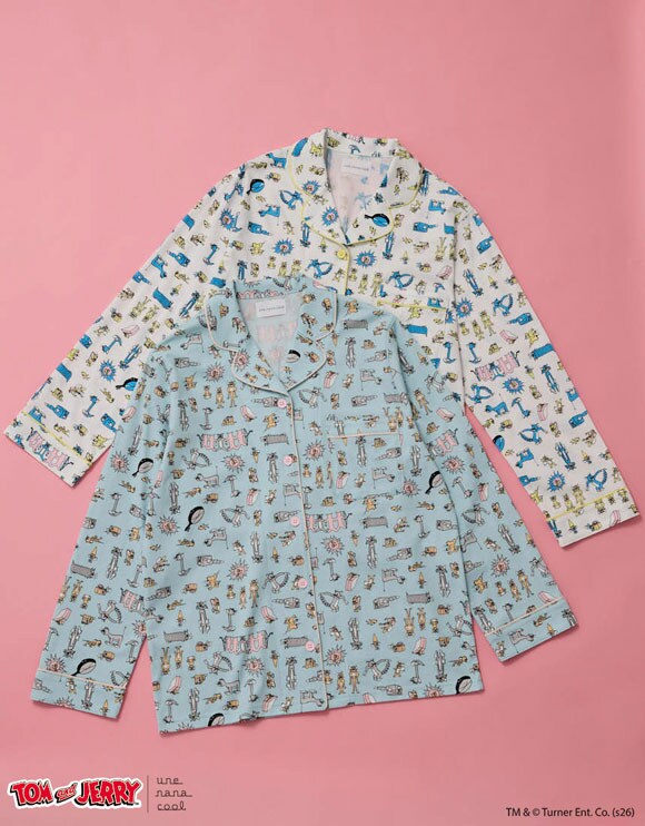 ウンナナクール トムとジェリー × une nana cool 綿100 長袖開襟パジャマ ルームウェア 上下セット レディース une nana cool