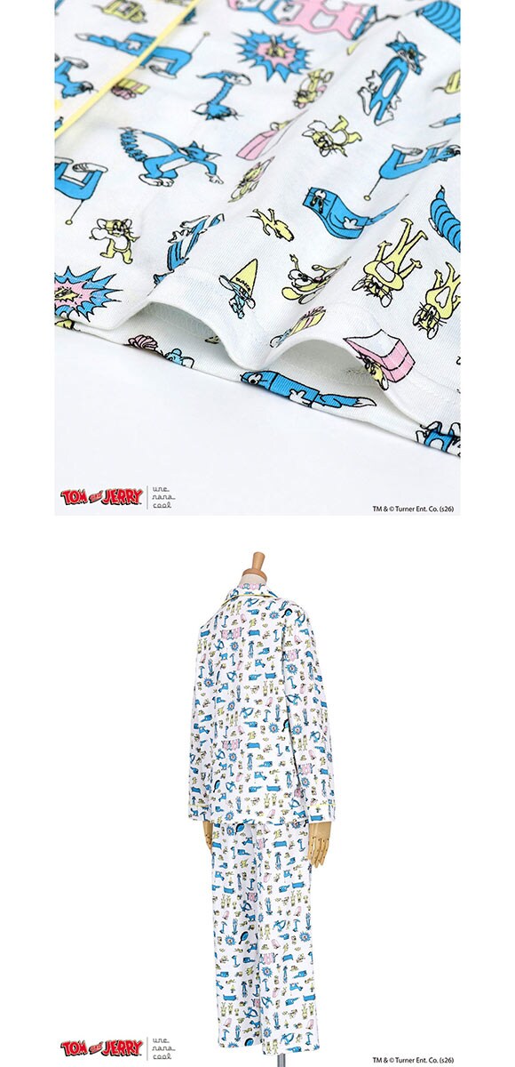 ウンナナクール トムとジェリー × une nana cool 綿100 長袖開襟パジャマ ルームウェア 上下セット レディース une nana cool