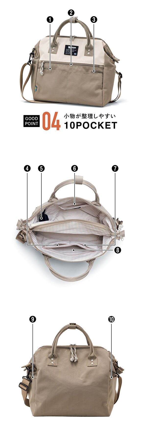 ガバッと開く マザーズバッグ 鞄 moz モズ 10ポケットガバッと開く2層構造 はっ水2WAYショルダーバッグ A4対応 nissen ニッセン