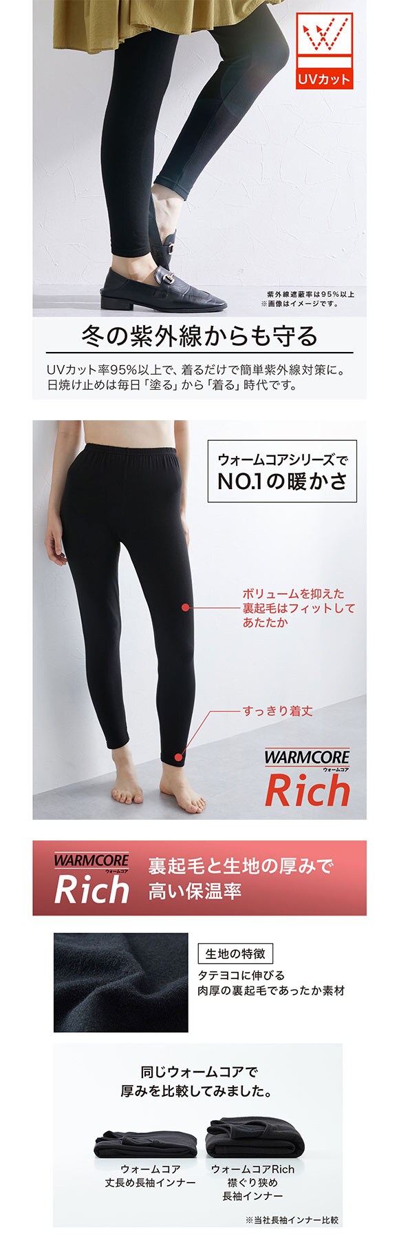 ニッセン ウォームコアリッチ 裏起毛10分丈レギンス M-LL 吸湿発熱 UVカット nissen