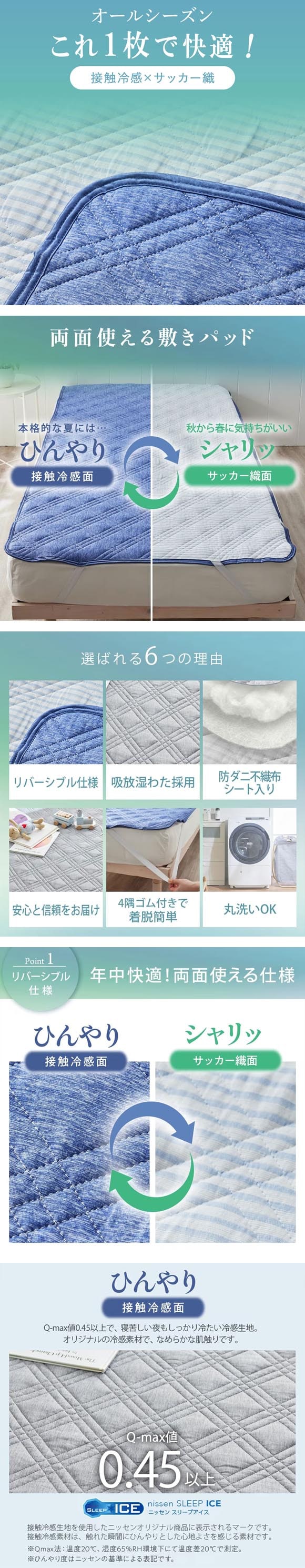ニッセン 超冷感×綿100% シャリッとした肌ざわり サッカー織 吸放湿 防ダニシート入り リバーシブル 敷パッド セミダブル nissen