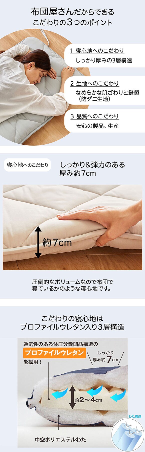 ニッセン コンパクトに畳める体圧分散ウレタン入りごろ寝マット180cm（布団）高密度防ダニシリーズ BR nissen