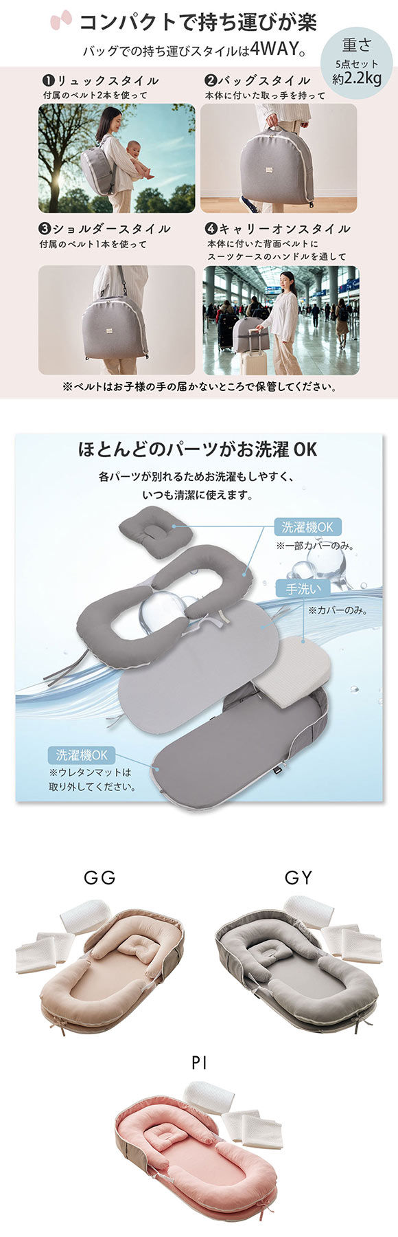 新生児 折りたたみ ベッドインベッド5点セット Coco.Fa バッグ一体型コンパクトに持ち運び ベビー布団 洗濯できる nissen ニッセン