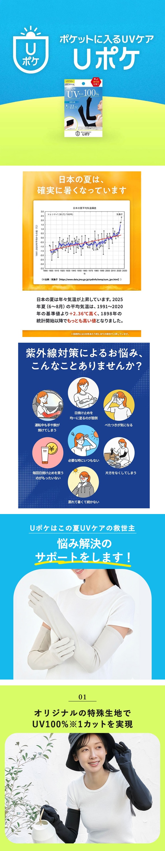 Uポケ アームカバー 5本指 ロング レディース UV100％ 遮熱 接触冷感 熱中症対策 日焼け対策 運転 ポケットサイズ