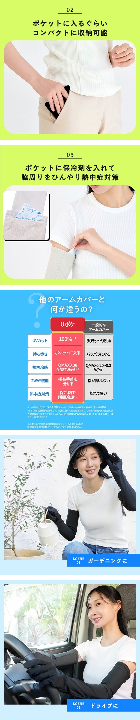 Uポケ アームカバー 5本指 ロング レディース UV100％ 遮熱 接触冷感 熱中症対策 日焼け対策 運転 ポケットサイズ