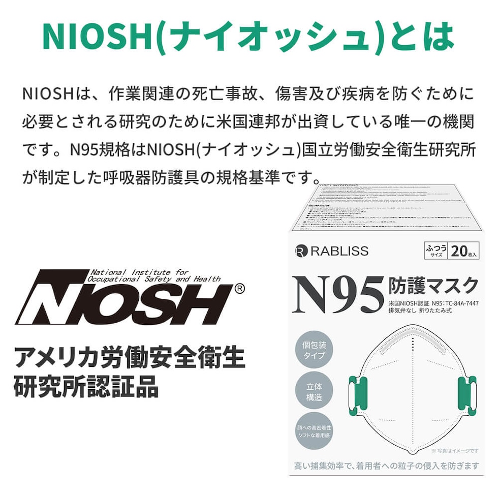 米国NIOSH認証 N95 マスク ホワイト 個包装 20枚入 小林薬品