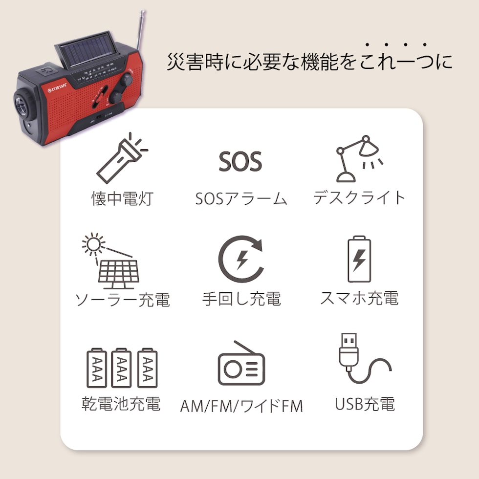 多機能防災ラジオライト【10年保存電池付き】