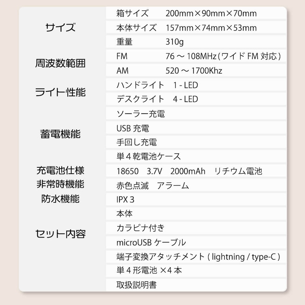 多機能防災ラジオライト【10年保存電池付き】