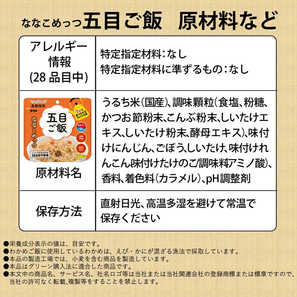 7年保存 アルファ米 サタケ マジックライス ななこめっつ 五目ご飯 50食セット/箱