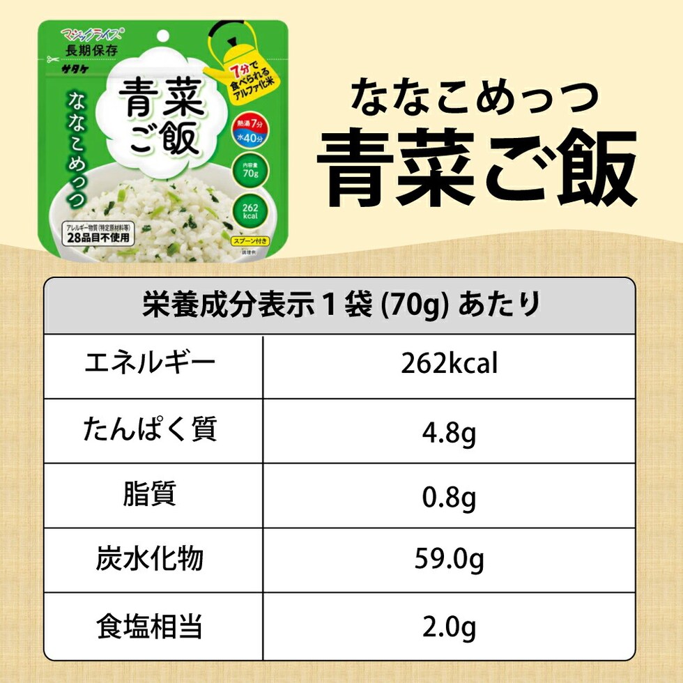 7年保存 アルファ米 サタケ マジックライス ななこめっつ 青菜ご飯 10食セット
