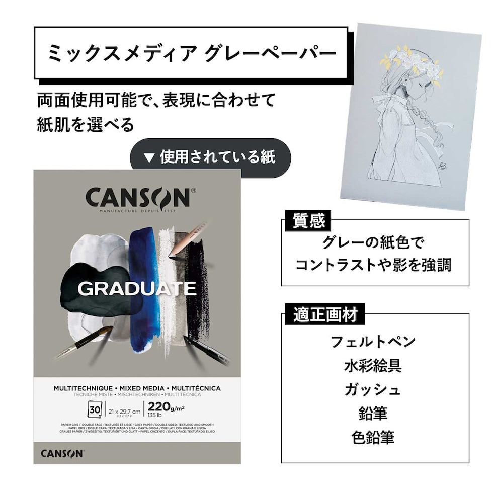 キャンソン グラジュエイトブック ミックスメディア グレーペーパー A5変型 (C31200L033)