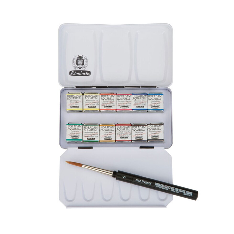 シュミンケ ホラダム透明水彩絵具 ハーフパン 12色PSセット（金属ケース入・丸筆付） (74012)