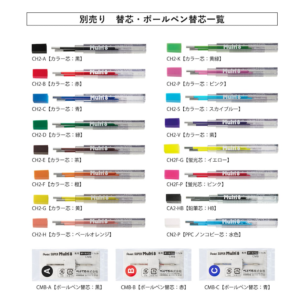 ぺんてる マルチエイトセット Multi8セット 専用替芯＋芯削り器付き (XPH802ST) 多機能ペン ボールペン芯 シャープ色芯  ネコポス可
