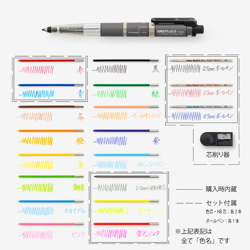 ぺんてる スーパーマルチエイトセット SUPER Multi8セット 専用替芯＋芯削り器付き (XPH803ST) 多機能ペン ボールペン芯 シャープ色芯  ネコポス可