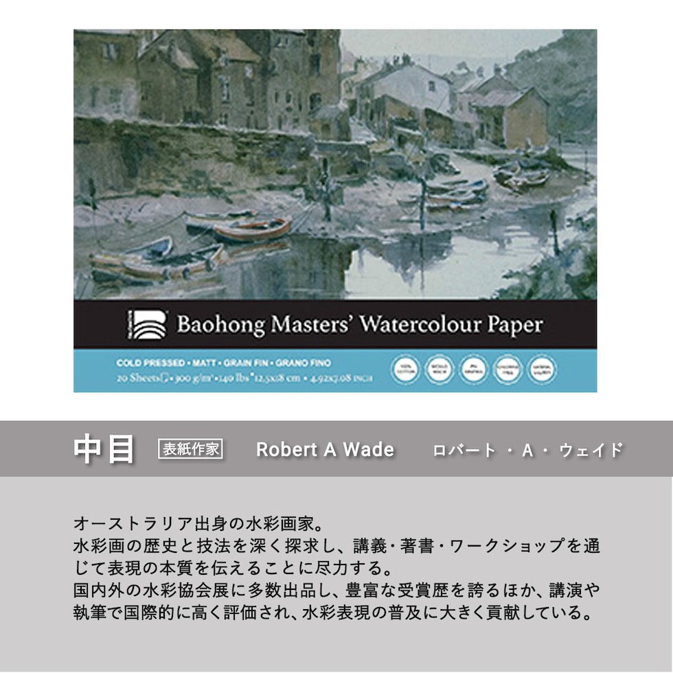 バオホン BAOHONG バオホンマスターズ水彩紙 300g ブロック 125×180mm (荒目/中目/細目) 全3種 20枚入り コットン100% ネコポス可