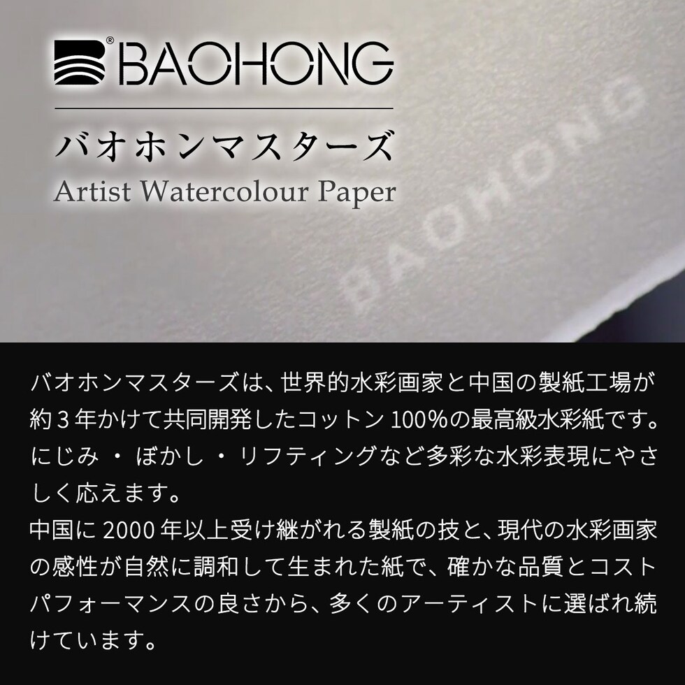 バオホン BAOHONG バオホンマスターズ水彩紙 300g ブロック 150×230mm (荒目/中目/細目) 全3種 20枚入り コットン100% ネコポス可