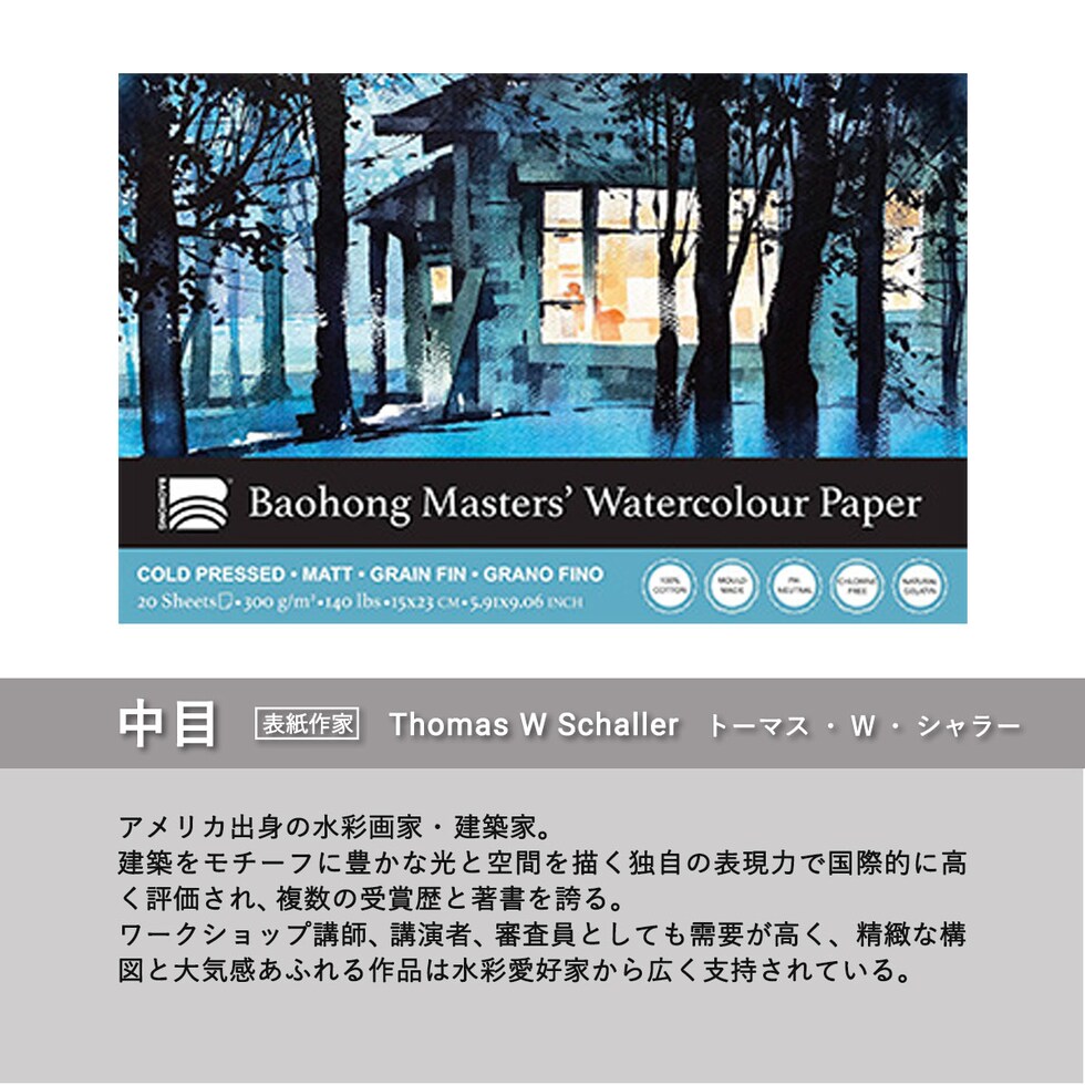 バオホン BAOHONG バオホンマスターズ水彩紙 300g ブロック 150×230mm (荒目/中目/細目) 全3種 20枚入り コットン100% ネコポス可