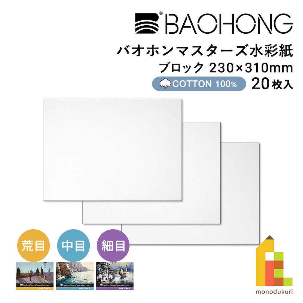 バオホン BAOHONG バオホンマスターズ水彩紙 300g ブロック 230×310mm (荒目/中目/細目) 全3種 20枚入り コットン100% ネコポス可