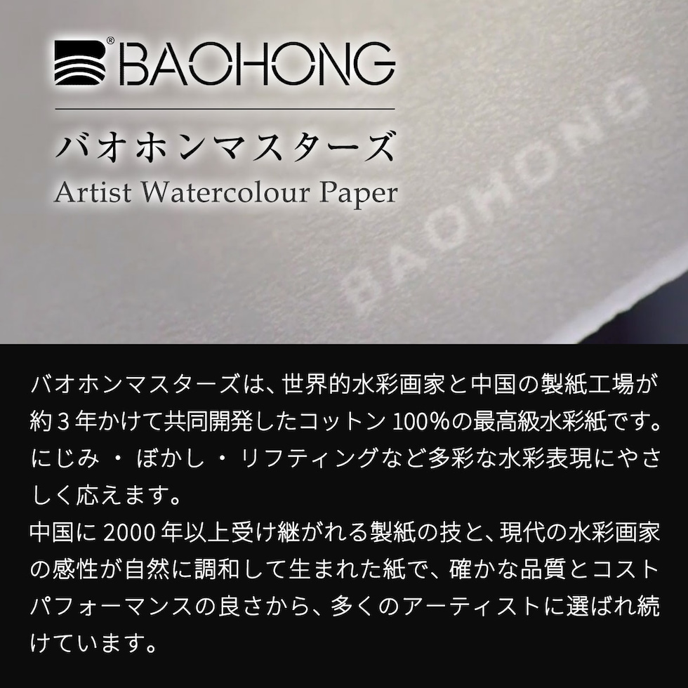 バオホン BAOHONG バオホンマスターズ水彩紙 300g ブロック 310×410mm (荒目/中目/細目) 全3種 20枚入り コットン100%