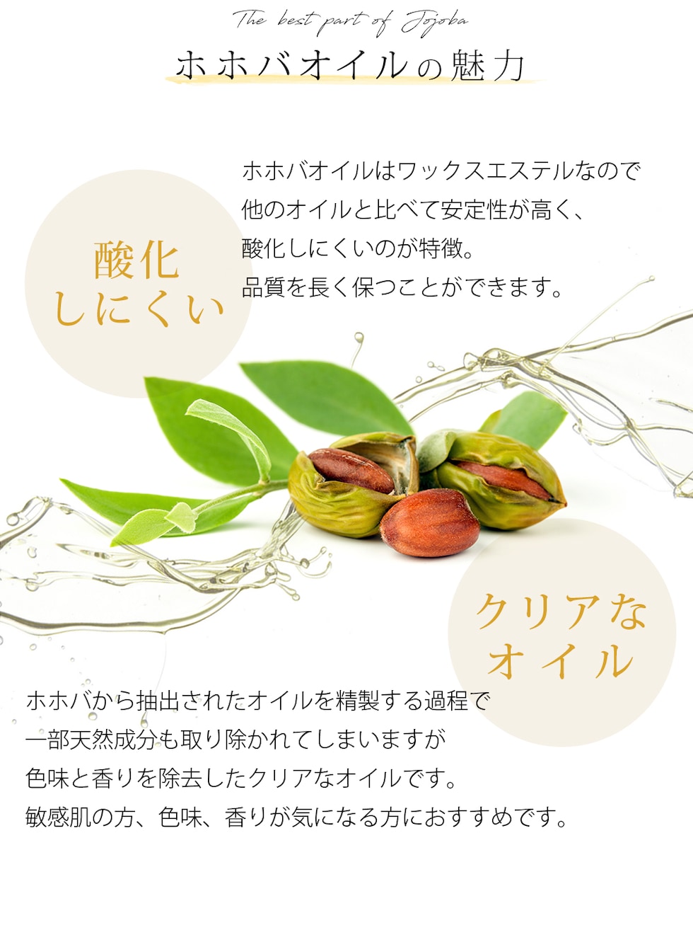 ホホバオイルの魅力 酸化しにくい ホホバオイルはワックスエステルなので他のオイルと比べて安定性が高く、酸化しにくいのが特徴。品質を長く保つことができます。 クリアなオイル ホホバから抽出されたオイルを精製する過程で一部天然成分も取り除かれてしまいますが色味と香りを除去したクリアなオイルです。敏感肌の方、色味、香りが気になる方におすすめです。