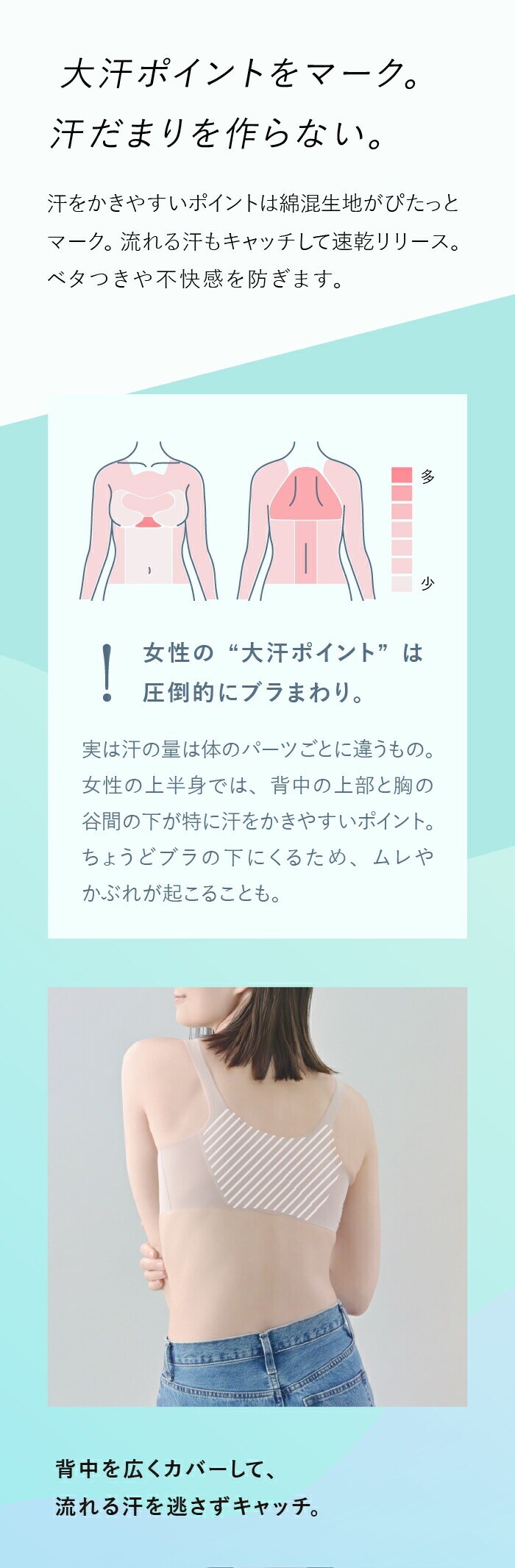 背中も、谷間も、アンダーも、流れる汗をさらっとキャッチ