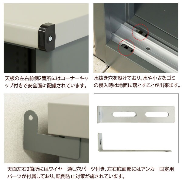 コーナーキャップ付き/水抜き穴/転倒防止金具