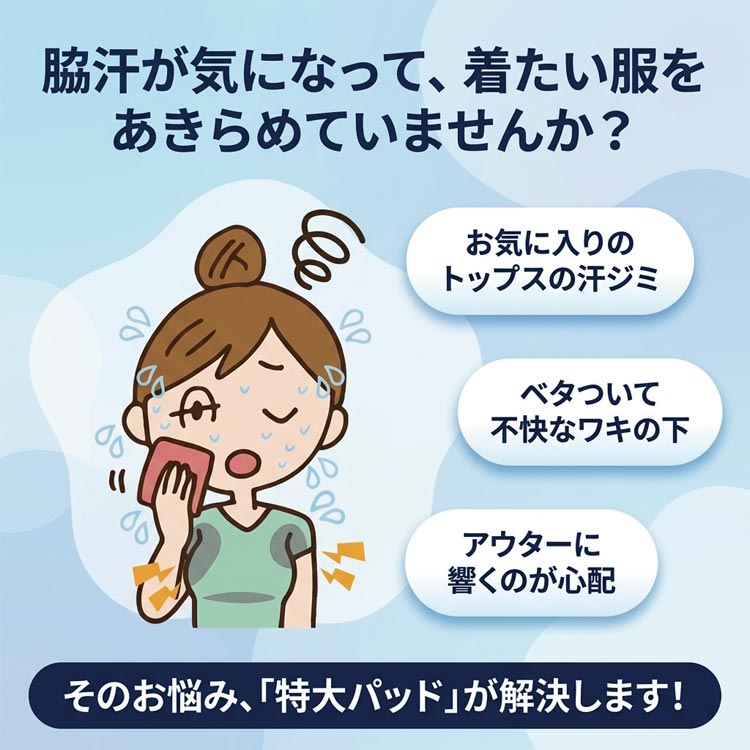 脇汗のお悩み、特大パッドが解決