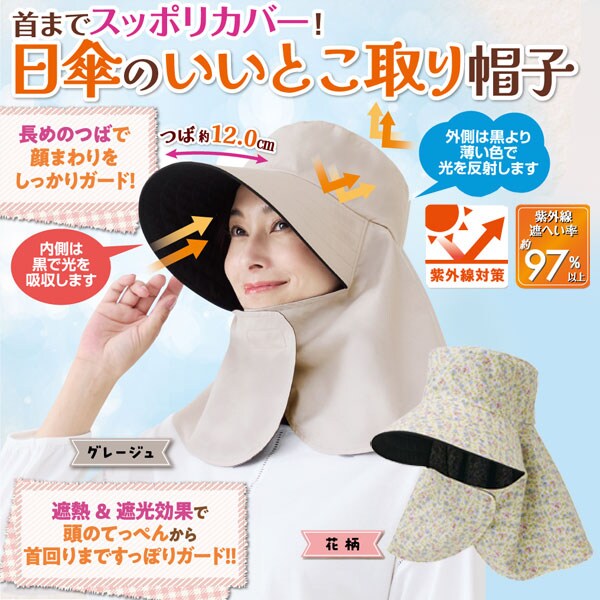 日傘帽子 首まですっぽりカバー 紫外線遮蔽率約97%以上 フロント面ファスナー ガーデニング