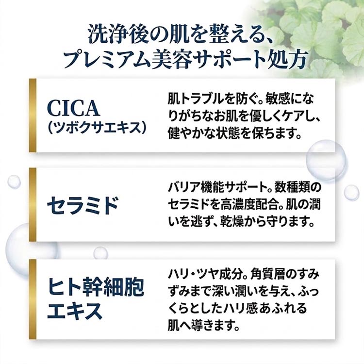 洗浄後の肌を整えるプレミアム美容サポート処方/CICA/セラミド/ヒト幹細胞エキス