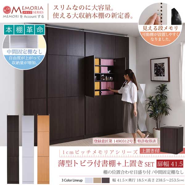 本棚 薄型トビラ付書棚 上置きSET 幅41.5cm奥行18.5cm MEMORIA 棚板が1cmピッチで可動する自在な棚割り FRM-0100DOORSET-JK