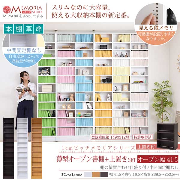 本棚 薄型オープン書棚 上置きSET 幅41.5cm奥行16.5cm MEMORIA 棚板が1cmピッチで可動する自在な棚割り FRM-0100SET-JK