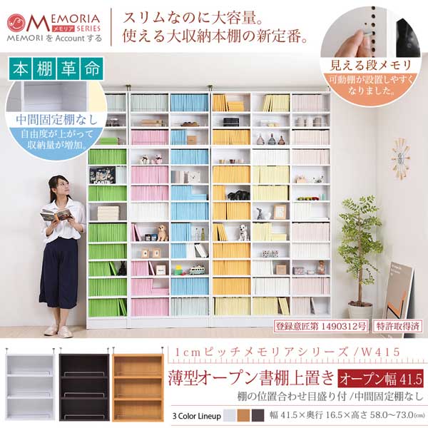 本棚 薄型オープン書棚上置き 幅41.5cm奥行16.5cm MEMORIA 棚板が1cmピッチで可動する自在な棚割り FRM-0103-JK