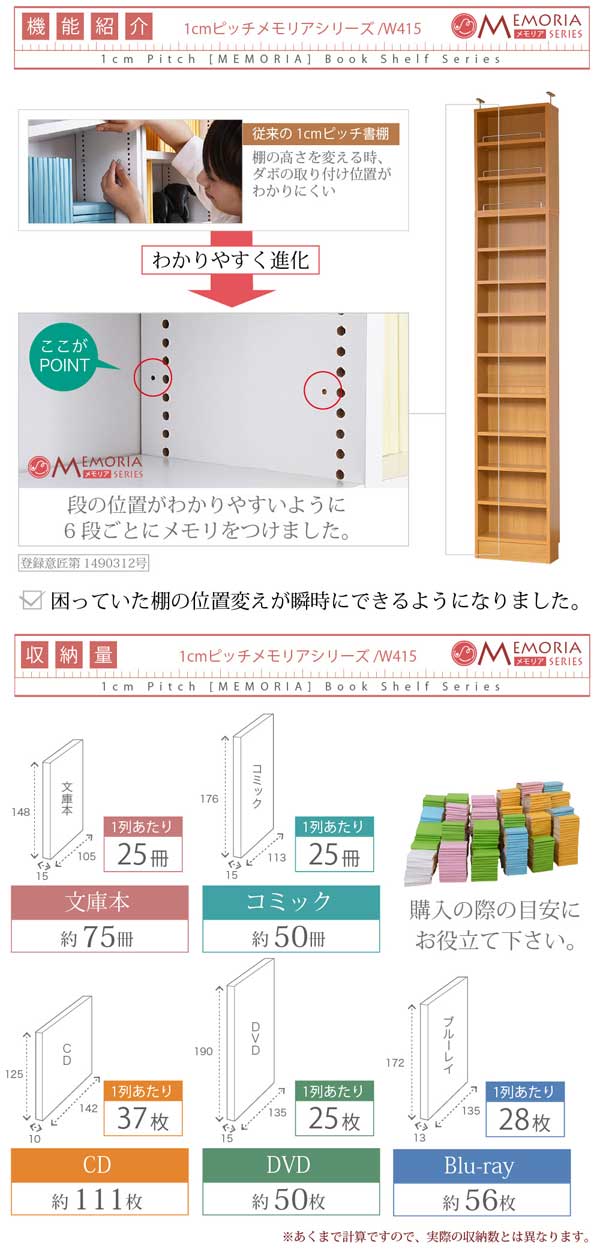 棚板の位置変えが瞬時に可能/収納量