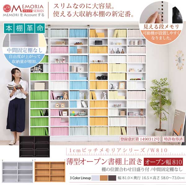 本棚 薄型オープン書棚上置き 幅81cm奥行16.5cm MEMORIA 棚板が1cmピッチで可動する自在な棚割り FRM-0104-JK