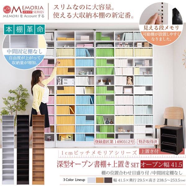 本棚 深型トビラ付書棚＋上置きセット 突っ張り 幅41.5cm 1cmピッチ MEMORIA メモリア